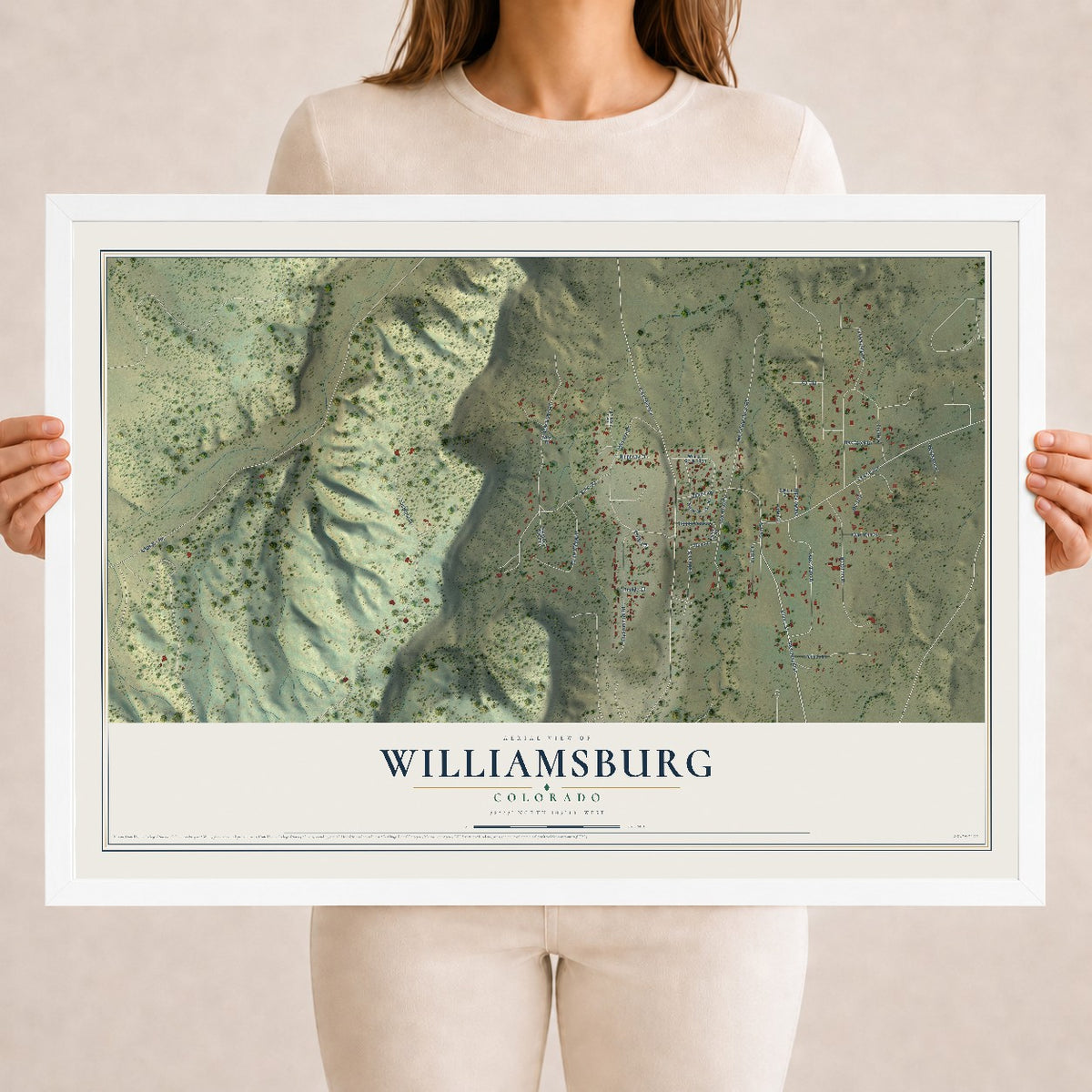 Map of Williamsburg, Colorado, 18 x 24 inch print in a white wood frame
