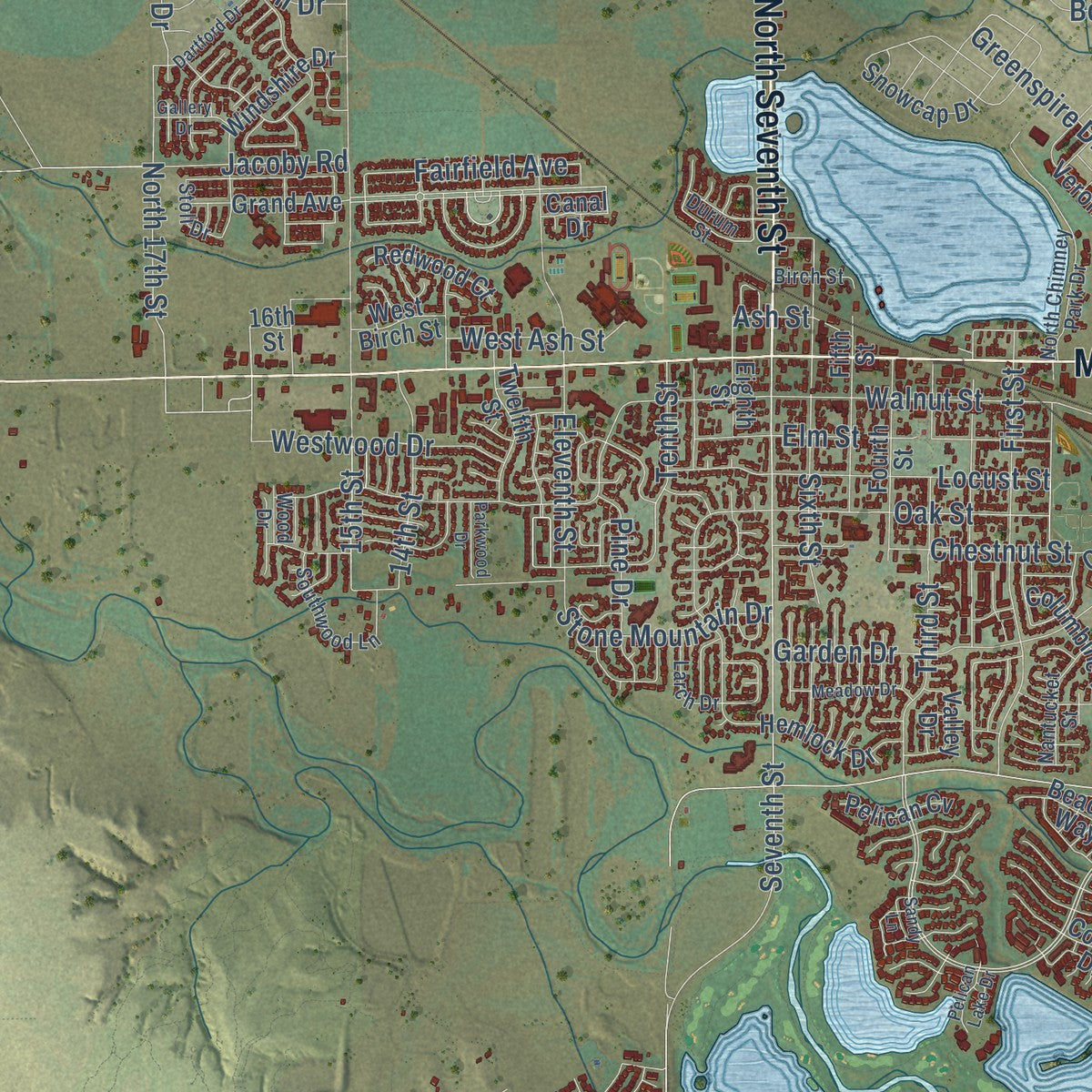 Close-up of the map of Windsor, Colorado print showing street and building detail