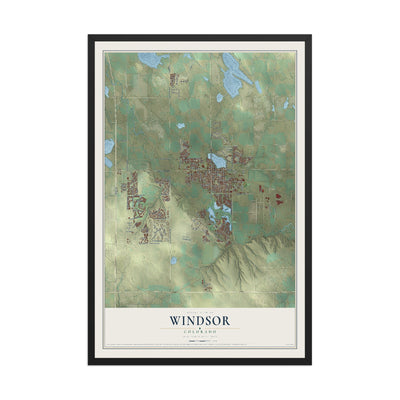 Map of Windsor, Colorado, 12 x 18 inch print in a black wood frame