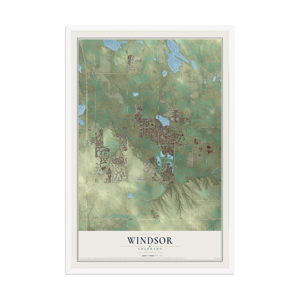 Map of Windsor, Colorado, 12 x 18 inch print in a white wood frame