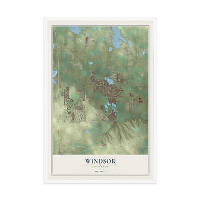 Map of Windsor, Colorado, 12 x 18 inch print in a white wood frame