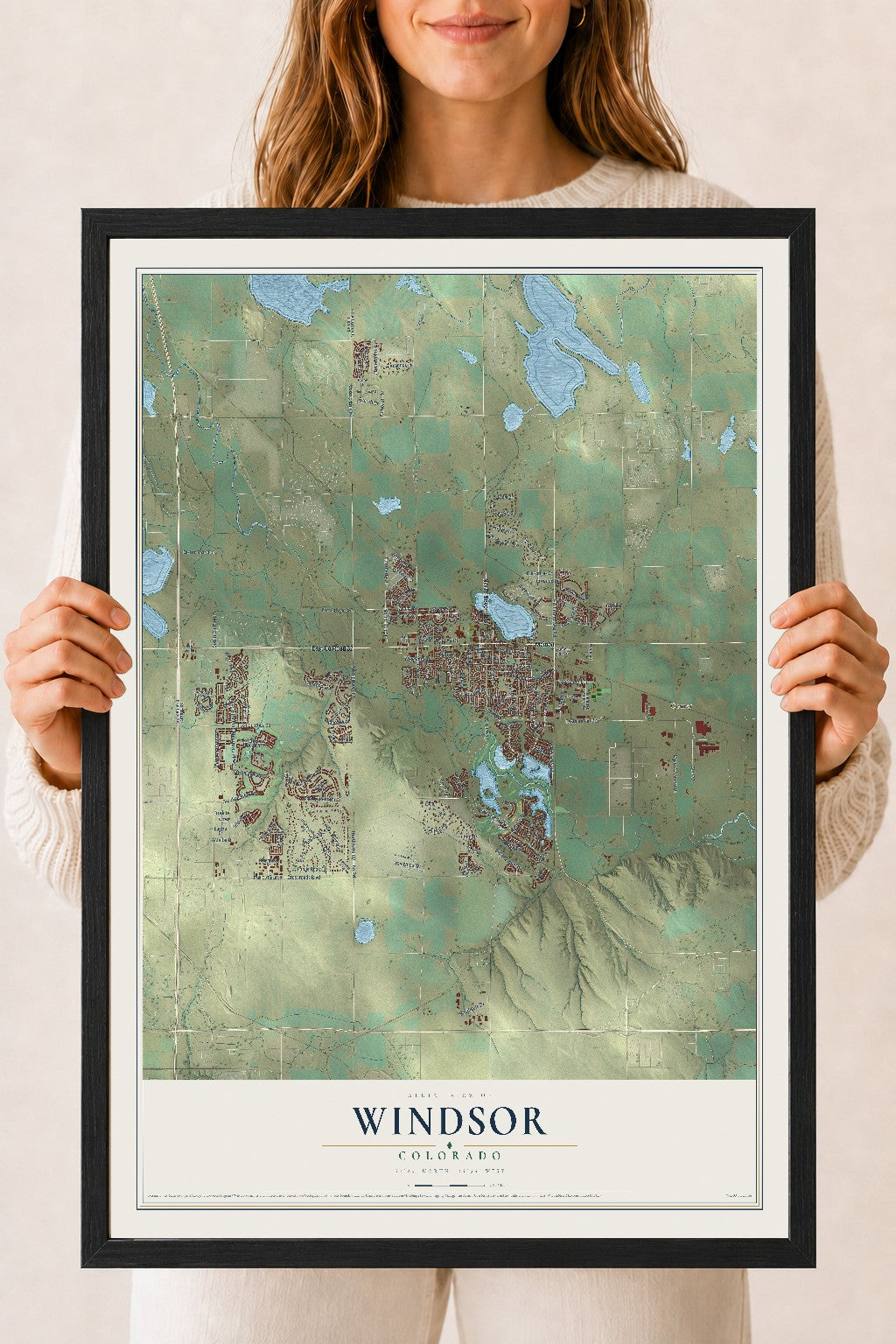 Map of Windsor, Colorado, 18 x 24 inch print in a black wood frame