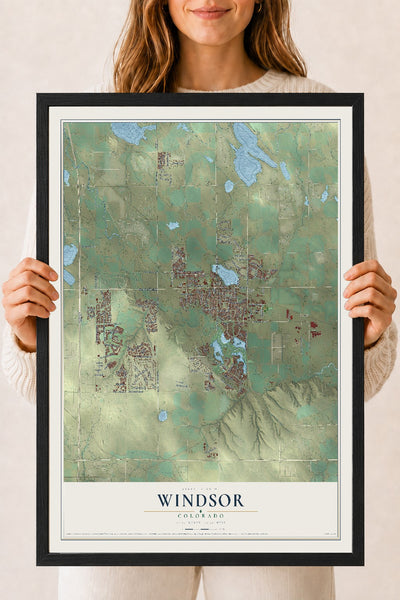 Map of Windsor, Colorado, 18 x 24 inch print in a black wood frame