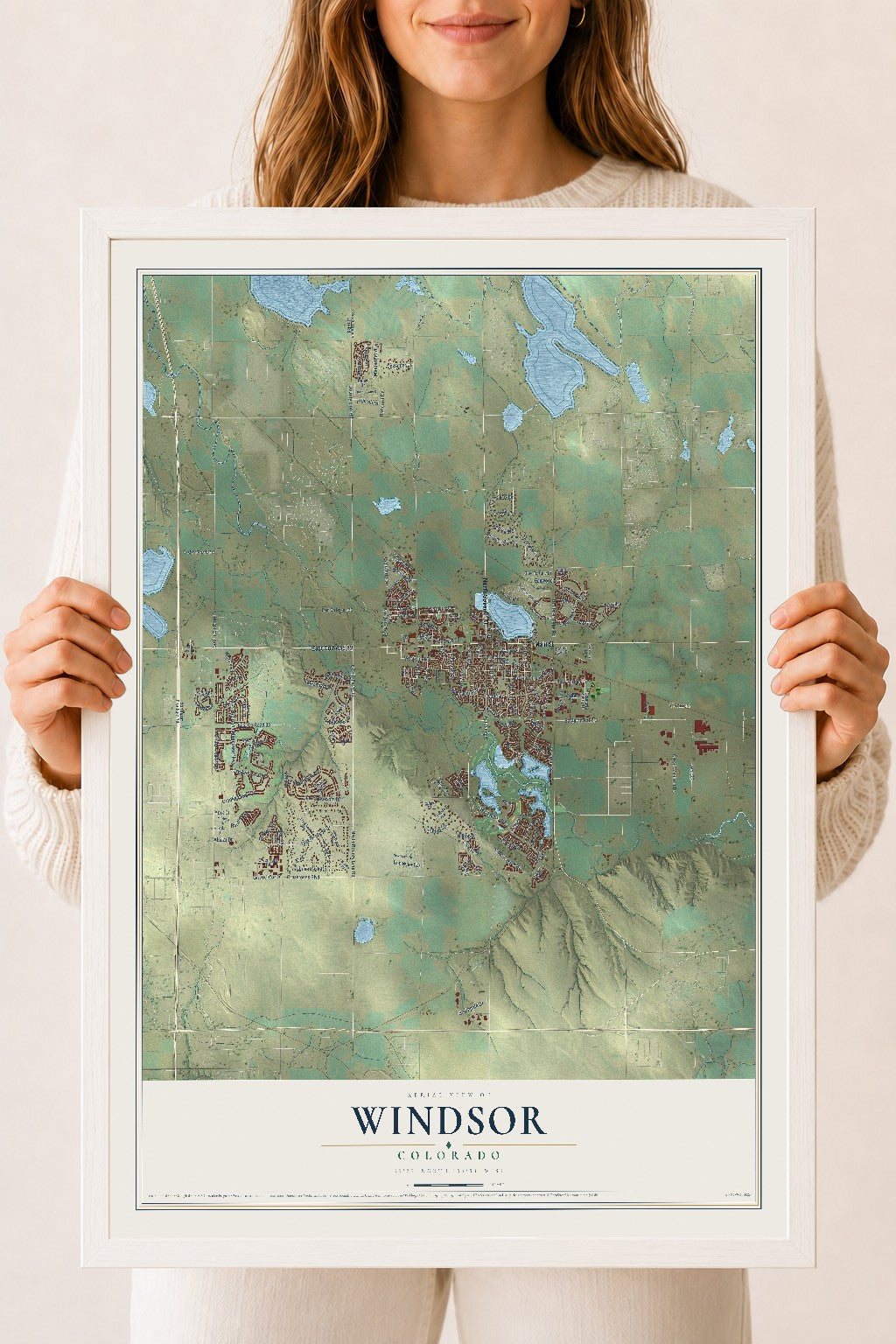 Map of Windsor, Colorado, 18 x 24 inch print in a white wood frame