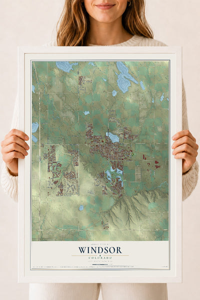 Map of Windsor, Colorado, 18 x 24 inch print in a white wood frame
