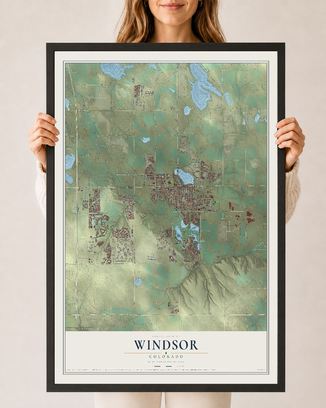 Map of Windsor, Colorado, 24 x 36 inch print in a black wood frame