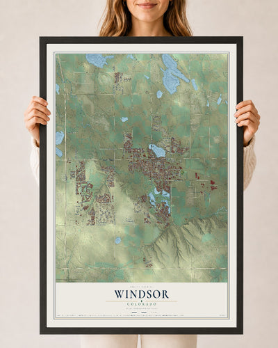 Map of Windsor, Colorado, 24 x 36 inch print in a black wood frame