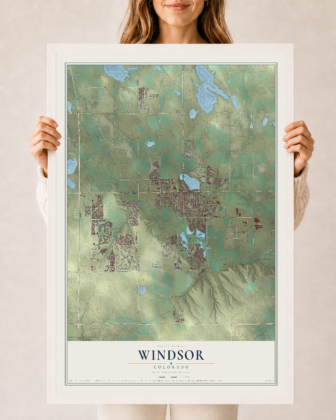 Map of Windsor, Colorado, 24 x 36 inch print in a white wood frame