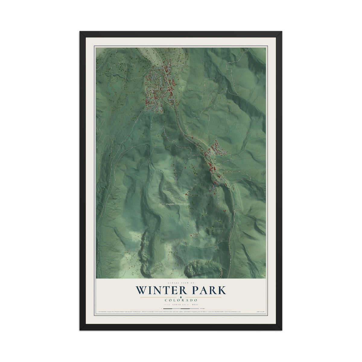 Map of Winter Park, Colorado, 12 x 18 inch print in a black wood frame