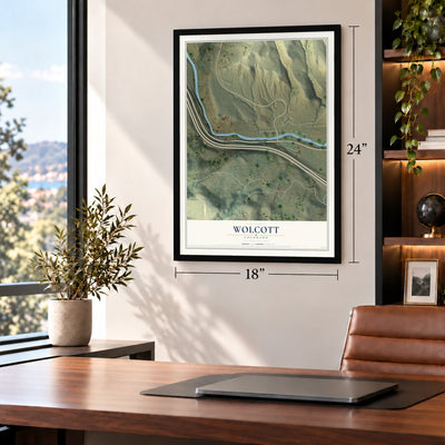 Wolcott, Colorado map, 18 x 24 inch print in a black frame in a home office