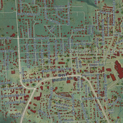 Close-up of the map of Woodland Park, Colorado print showing street and building detail
