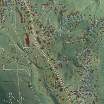 Second close-up of the map of Woodland Park, Colorado print showing more streets and buildings