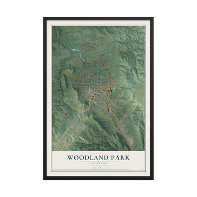 Map of Woodland Park, Colorado, 12 x 18 inch print in a black wood frame