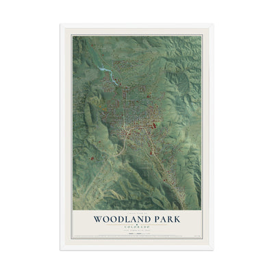Map of Woodland Park, Colorado, 12 x 18 inch print in a white wood frame