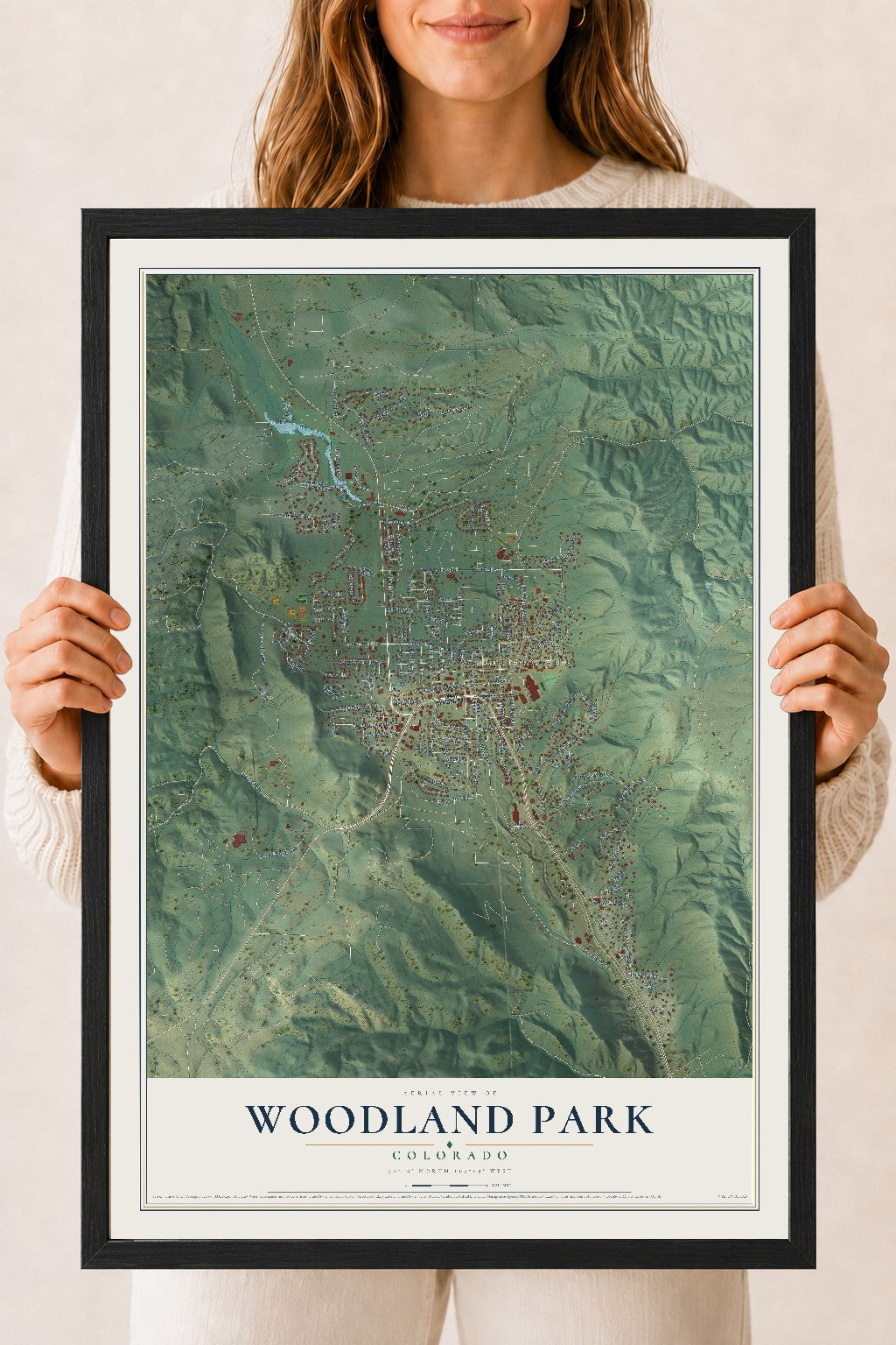Map of Woodland Park, Colorado, 18 x 24 inch print in a black wood frame