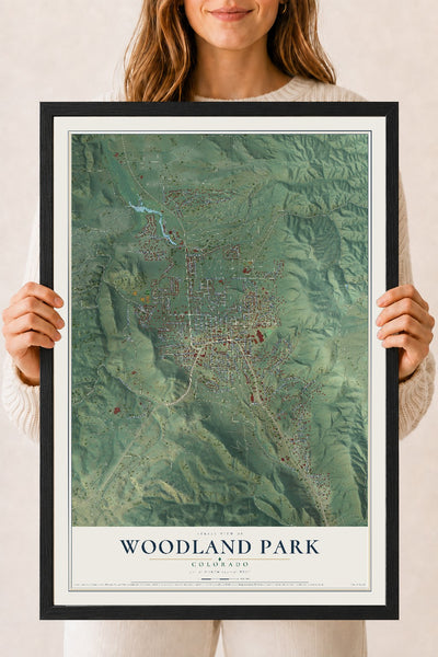 Map of Woodland Park, Colorado, 18 x 24 inch print in a black wood frame