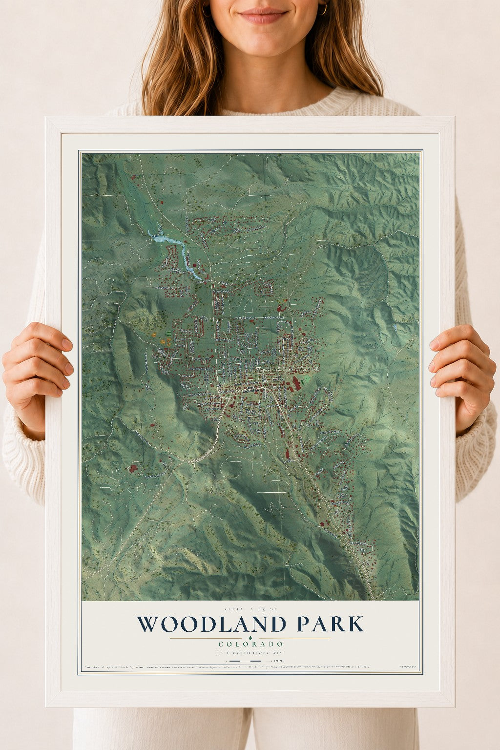 Map of Woodland Park, Colorado, 18 x 24 inch print in a white wood frame