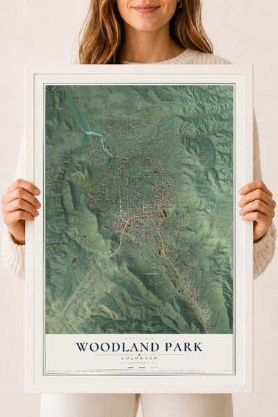 Map of Woodland Park, Colorado, 18 x 24 inch print in a white wood frame