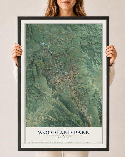 Map of Woodland Park, Colorado, 24 x 36 inch print in a black wood frame
