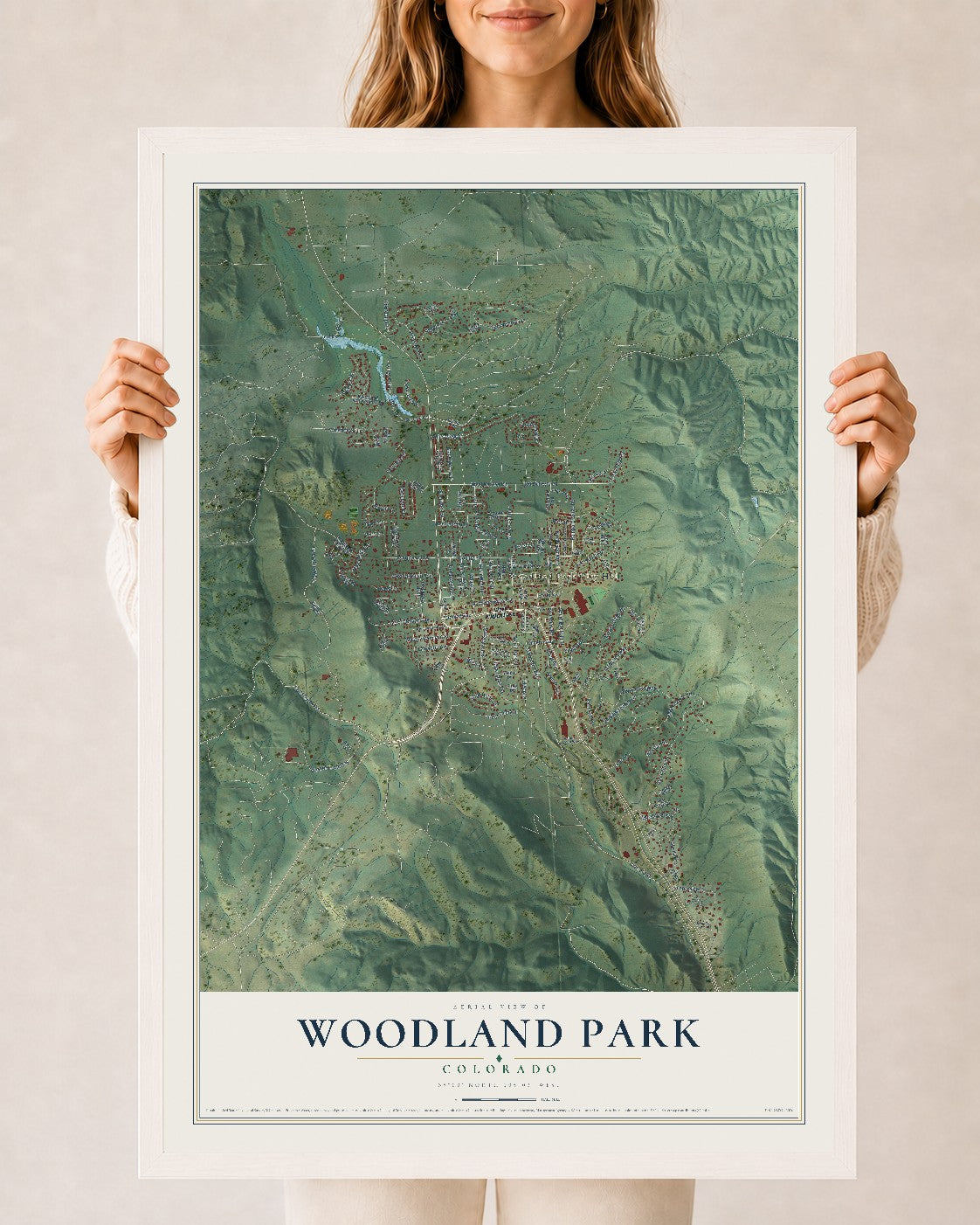 Map of Woodland Park, Colorado, 24 x 36 inch print in a white wood frame