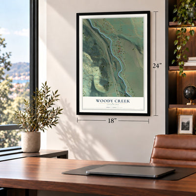 Woody Creek, Colorado map, 18 x 24 inch print in a black frame in a home office