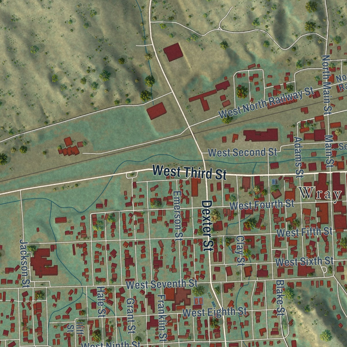 Close-up of the map of Wray, Colorado print showing street and building detail
