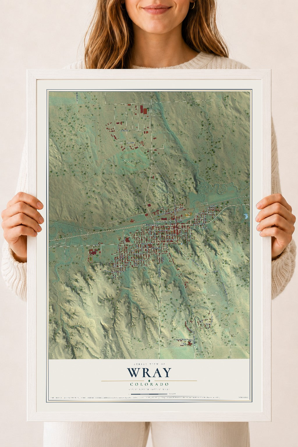 Map of Wray, Colorado, 18 x 24 inch print in a white wood frame