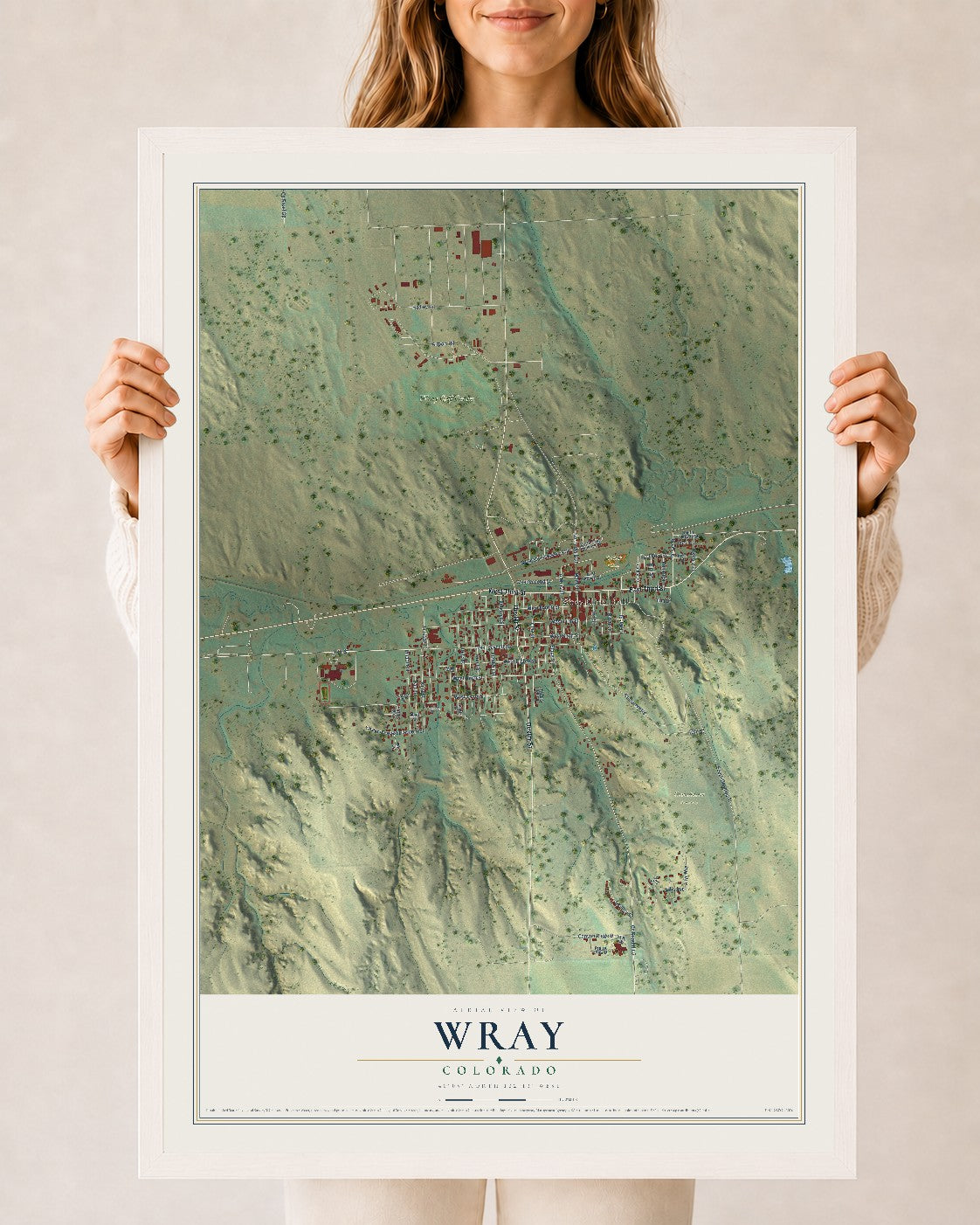 Map of Wray, Colorado, 24 x 36 inch print in a white wood frame