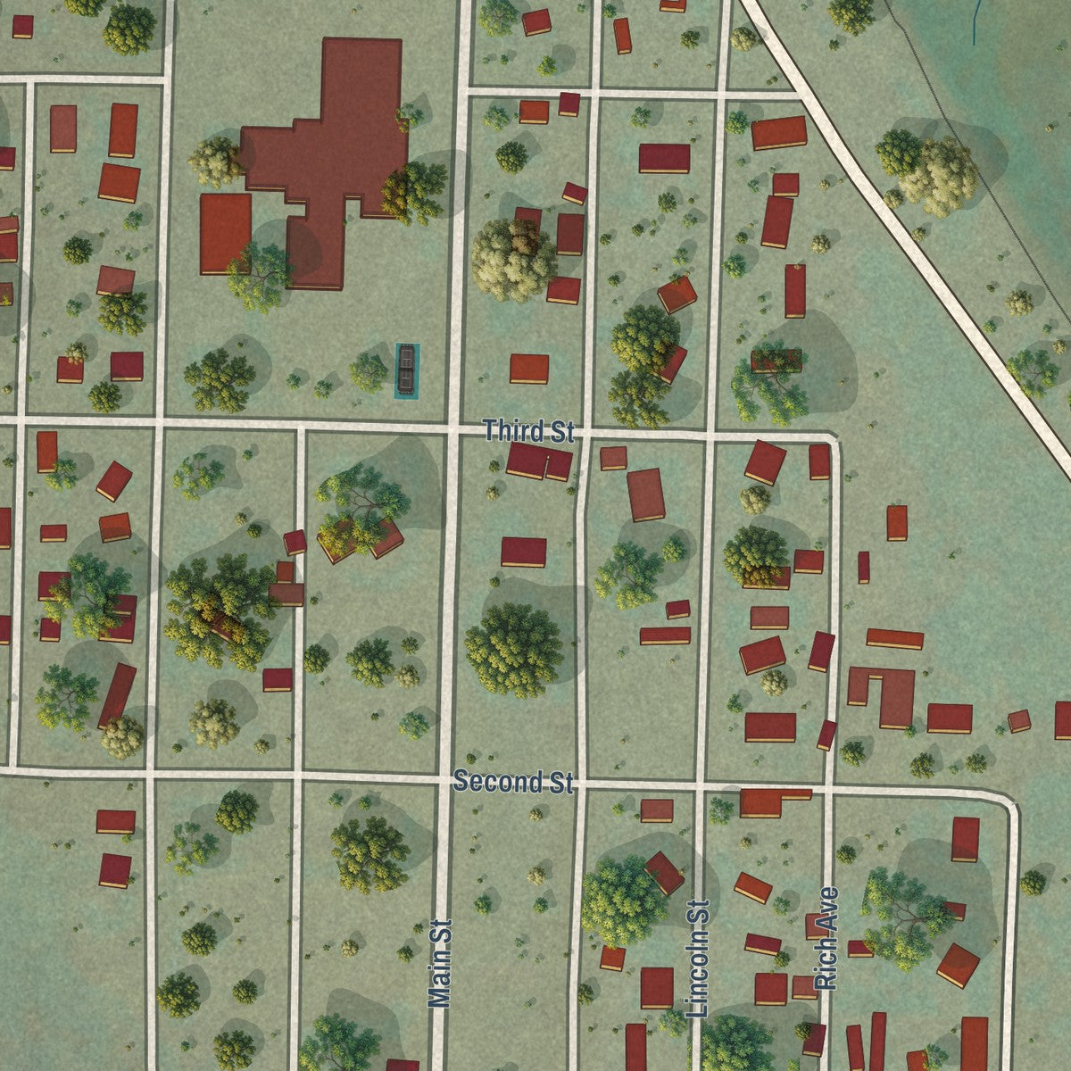 Close-up of the map of Yampa, Colorado print showing street and building detail