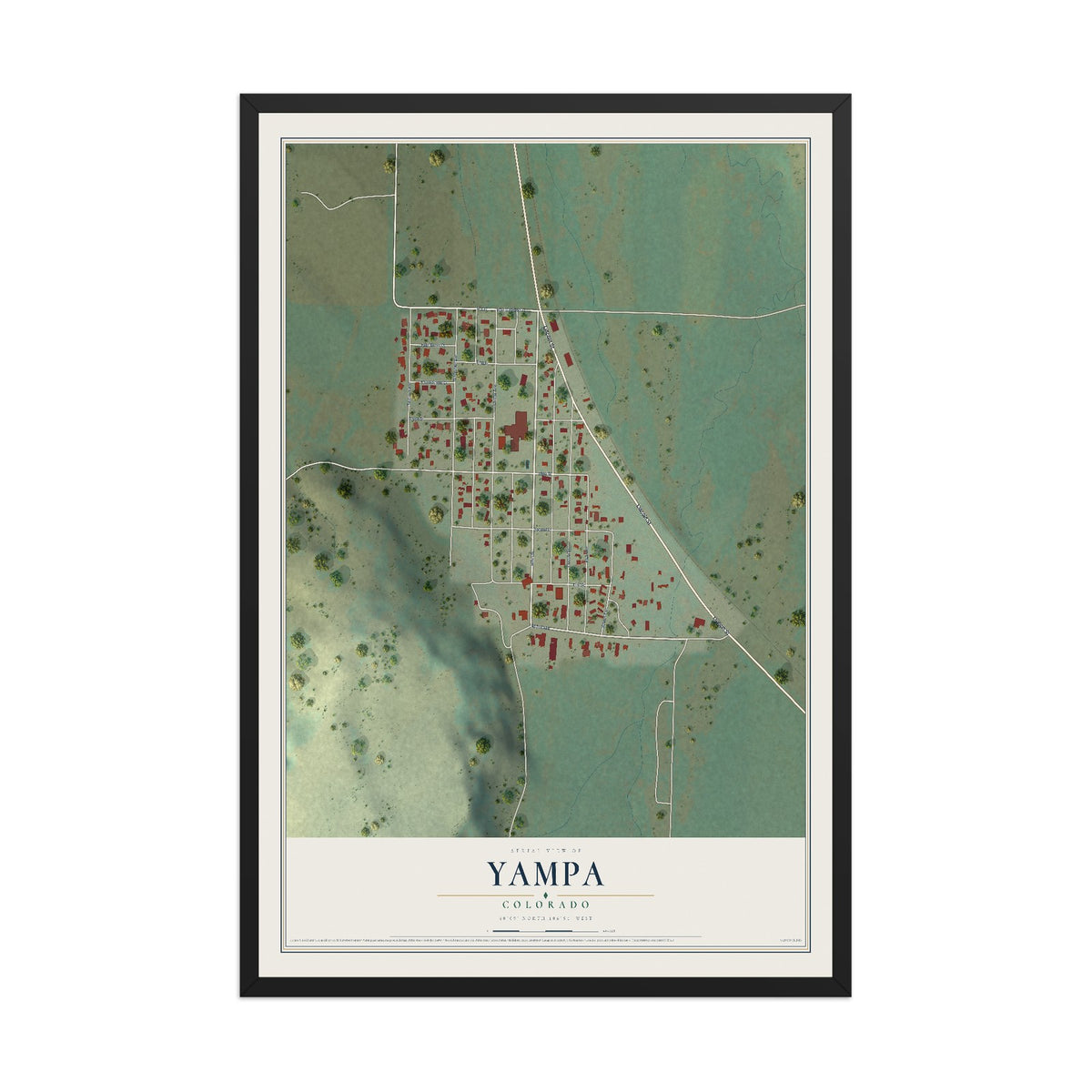 Map of Yampa, Colorado, 12 x 18 inch print in a black wood frame