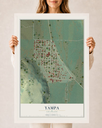 Map of Yampa, Colorado, 24 x 36 inch print in a white wood frame