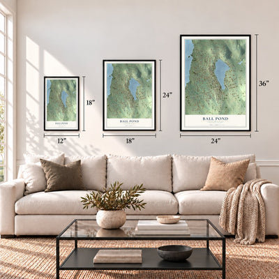 Ball Pond, Connecticut map in 12 x 18, 18 x 24 and 24 x 36 inch sizes above a sofa