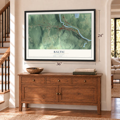 Baltic, Connecticut map, 24 x 36 inch print in a black frame above a dresser by a staircase