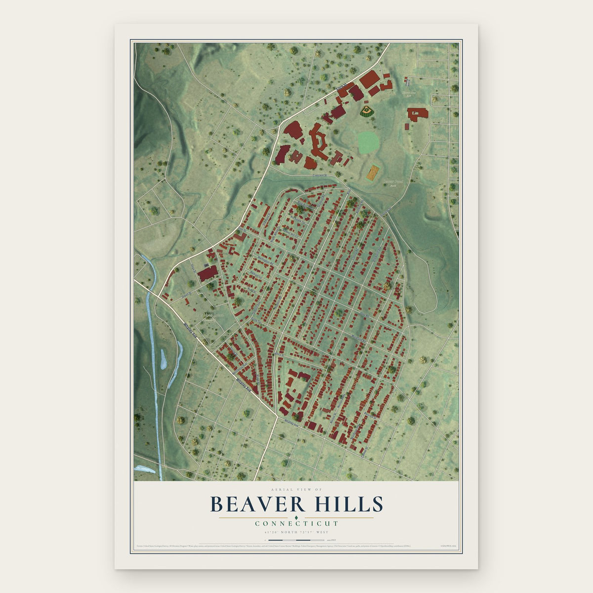 Beaver Hills, Connecticut map print, the full design