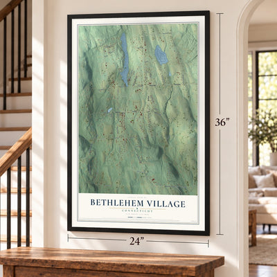Bethlehem Village, Connecticut map, 24 x 36 inch print in a black frame by a staircase