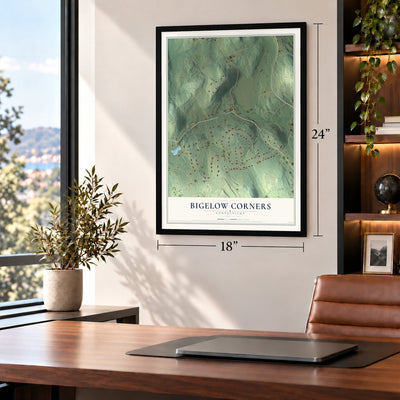 Bigelow Corners, Connecticut map, 18 x 24 inch print in a black frame in a home office