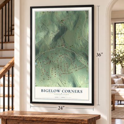 Bigelow Corners, Connecticut map, 24 x 36 inch print in a black frame by a staircase