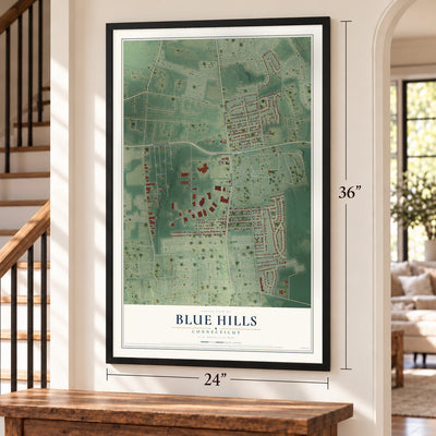 Blue Hills, Connecticut map, 24 x 36 inch print in a black frame by a staircase