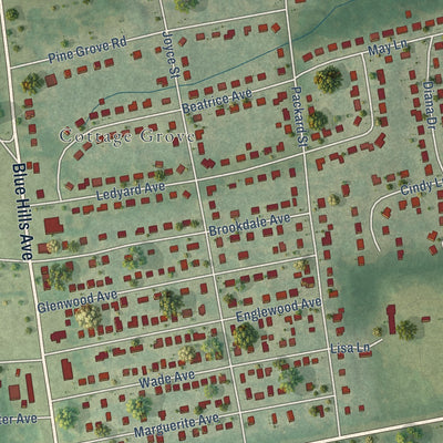 Close-up of the map of Blue Hills, Connecticut print showing street and building detail