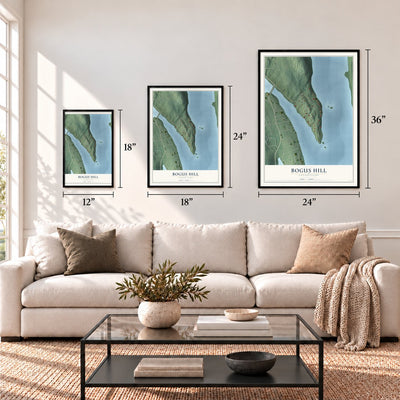 Bogus Hill, Connecticut map in 12 x 18, 18 x 24 and 24 x 36 inch sizes above a sofa