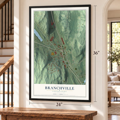 Branchville, Connecticut map, 24 x 36 inch print in a black frame by a staircase