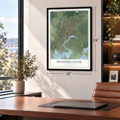 Branford Center, Connecticut map, 18 x 24 inch print in a black frame in a home office