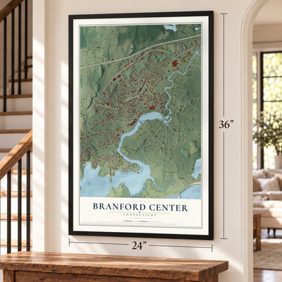 Branford Center, Connecticut map, 24 x 36 inch print in a black frame by a staircase