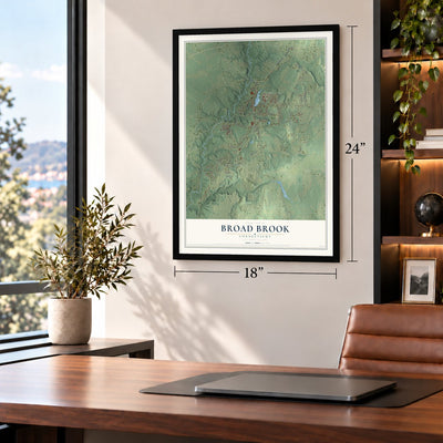 Broad Brook, Connecticut map, 18 x 24 inch print in a black frame in a home office