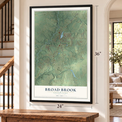 Broad Brook, Connecticut map, 24 x 36 inch print in a black frame by a staircase