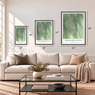 Brookfield Center, Connecticut map in 12 x 18, 18 x 24 and 24 x 36 inch sizes above a sofa