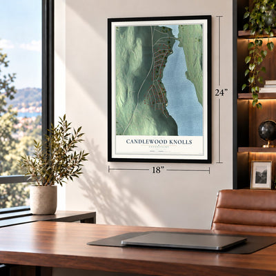Candlewood Knolls, Connecticut map, 18 x 24 inch print in a black frame in a home office