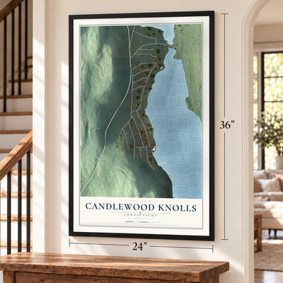 Candlewood Knolls, Connecticut map, 24 x 36 inch print in a black frame by a staircase