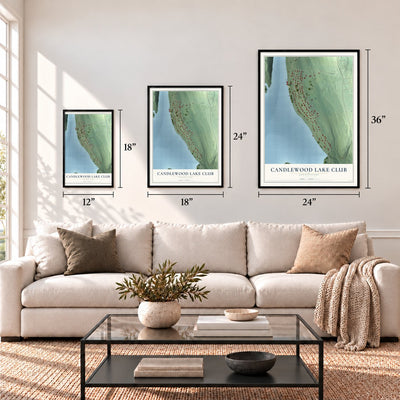 Candlewood Lake Club, Connecticut map in 12 x 18, 18 x 24 and 24 x 36 inch sizes above a sofa