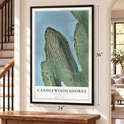 Candlewood Shores, Connecticut map, 24 x 36 inch print in a black frame by a staircase
